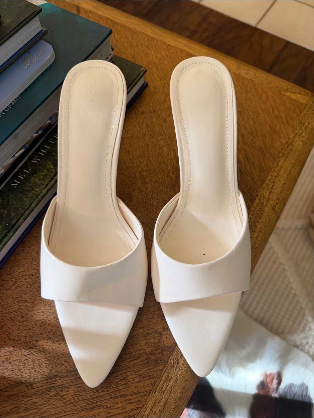 White Pointed Toe Mule Heels - Women's Slip-On Dress Shoes
